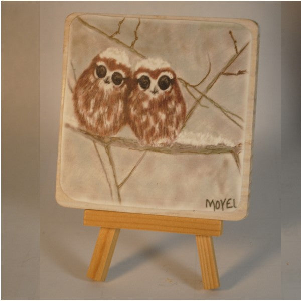 4 x 4 wooden plaque Snowy owls