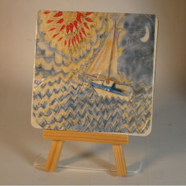 4 x 4 wooden plaque Sunset Sailing
